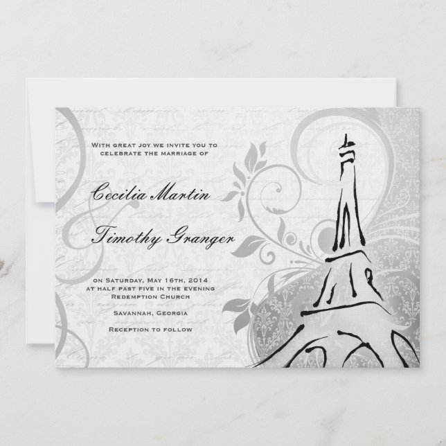 Invitación Damask Parisienne - Elegante Boda blanco y negro (Anverso)