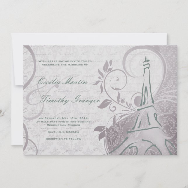 Invitación Damask Parisienne - Sutil Boda Verde azulado y púr (Anverso)