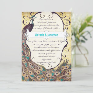 Invitación Damask Peacock Elegance Eggplant Gold y Aqua