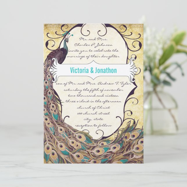 Invitación Damask Peacock Elegance Eggplant Gold y Aqua (Anverso de pie)
