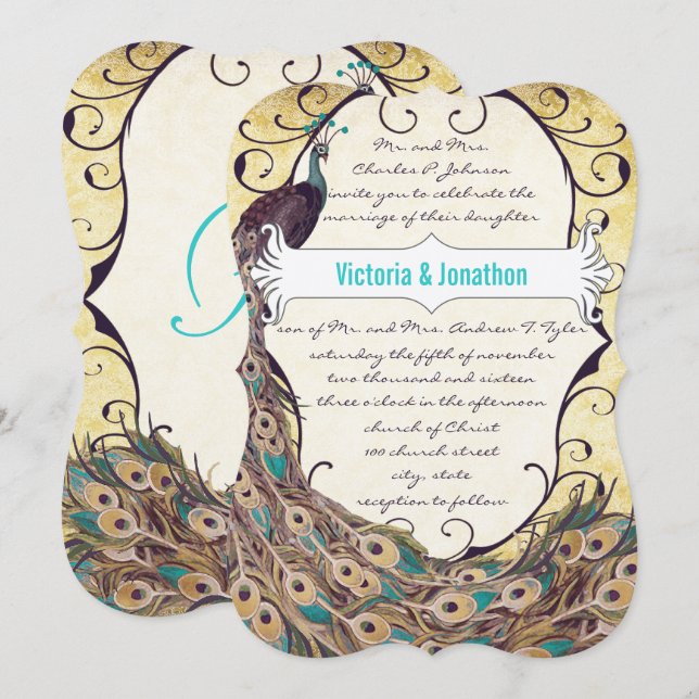 Invitación Damask Peacock Elegance Eggplant Gold y Aqua (Anverso / Reverso)