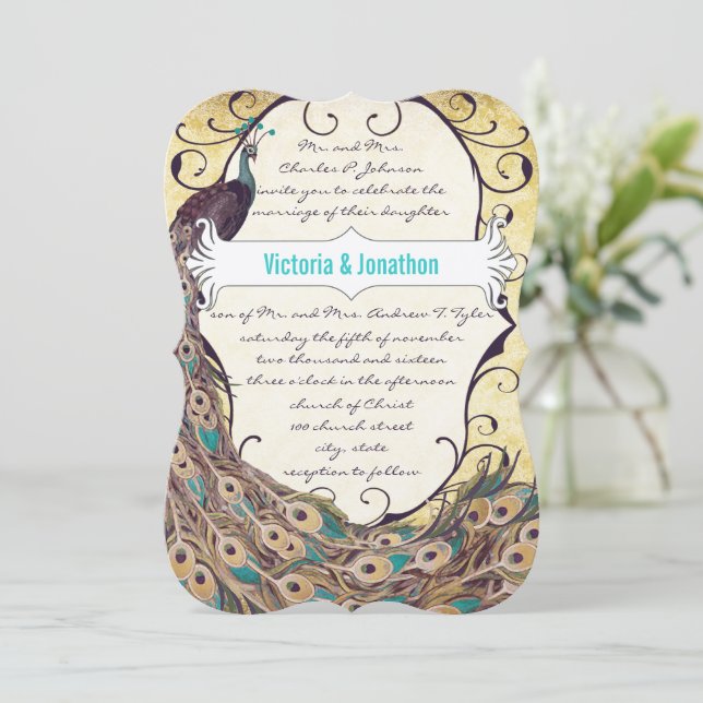 Invitación Damask Peacock Elegance Eggplant Gold y Aqua (Anverso de pie)