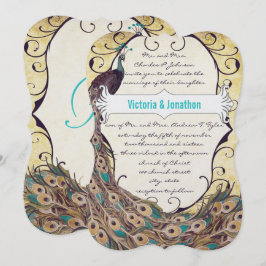 Invitación Damask Peacock Elegance Eggplant Gold y Aqua