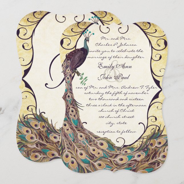 Invitación Damask Peacock Elegance Eggplant Gold y Aqua (Anverso / Reverso)