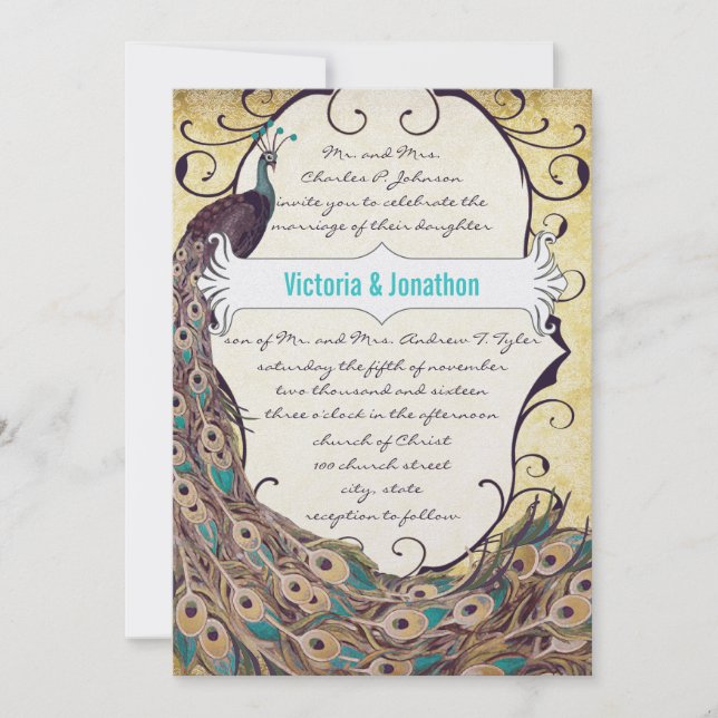 Invitación Damask Peacock Elegance Eggplant Gold y Aqua (Anverso)