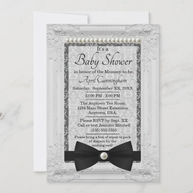 Invitación Damask Pearls y Bow Tie Baby Shower (Anverso)