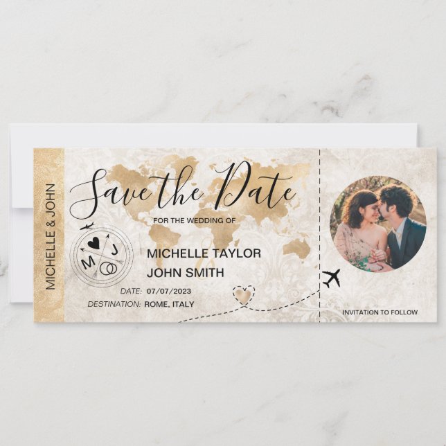 Invitación Damask Photo Save the Date Boarding World Map (Anverso)
