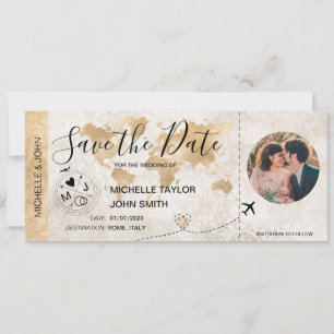 Invitación Damask Photo Save the Date Boarding World Map