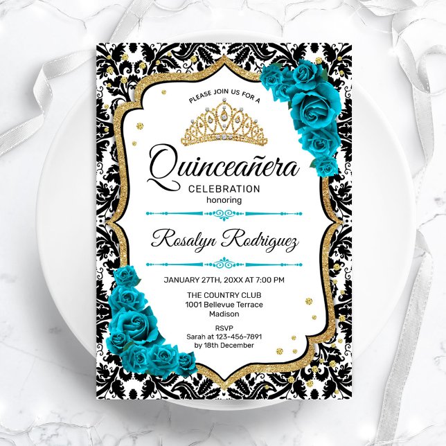 Invitación Damask Quinceanera elegante de oro verde azulado (Subido por el creador)