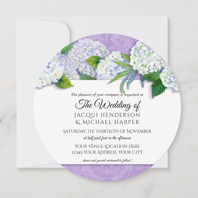 Invitación Damask redonda Hydrangea Boda morado floral (Anverso)