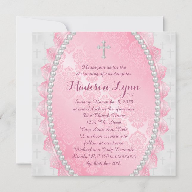 Invitación Damask Rosa Rosa y Blanco Bautizo (Anverso)