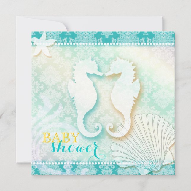 Invitación Damask Sea Horse Beach Baby Shower (Anverso)
