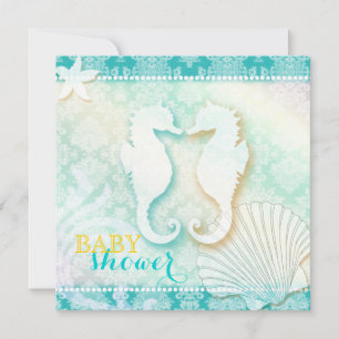 Invitación Damask Sea Horse Beach Baby Shower