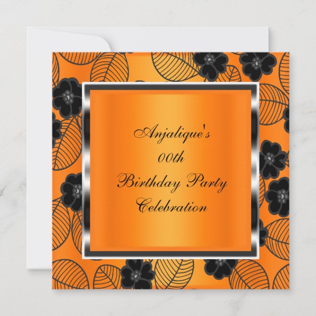 Invitación Damask Silver Naranja del partido de cumpleaños ne (Anverso)