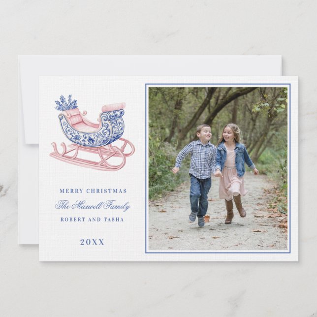 Invitación Damask Sleigh rosa y azul (Anverso)