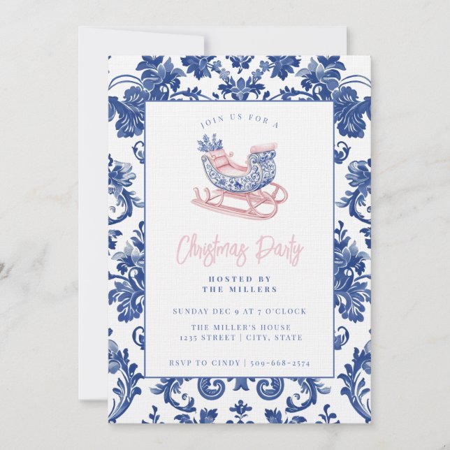 Invitación Damask Sleigh rosa y azul (Anverso)