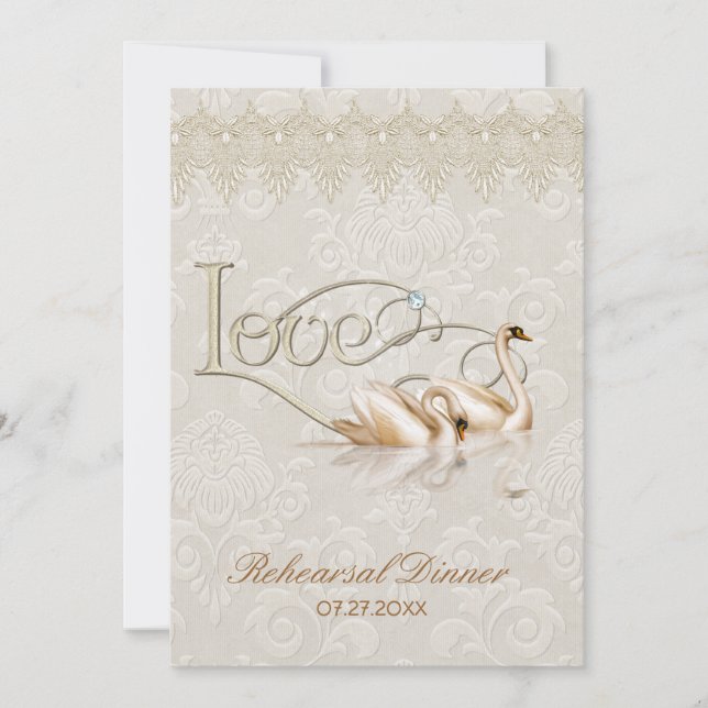 Invitación Damask Swan Elegance Ivory - Cena ensayada (Anverso)