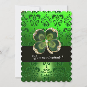INVITACIÓN DAMASK VERDE, JEWEL DE SHAMROCK ORO CON PERLAS BLA