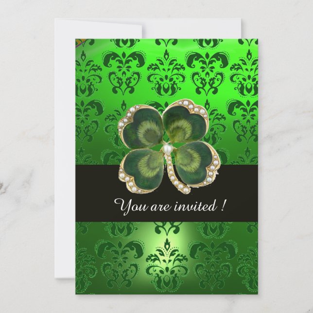 INVITACIÓN DAMASK VERDE, JEWEL DE SHAMROCK ORO CON PERLAS BLA (Anverso)