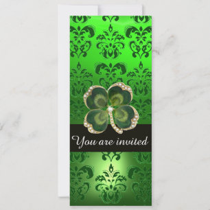 INVITACIÓN DAMASK VERDE, JEWEL DE SHAMROCK ORO CON PERLAS BLA