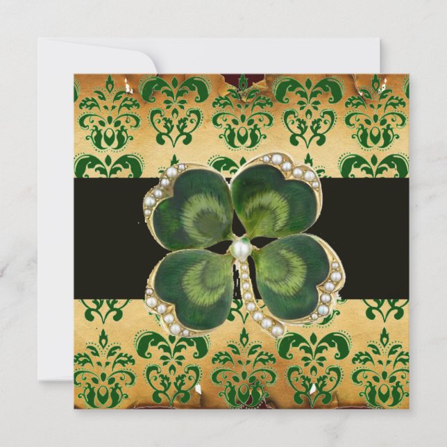 INVITACIÓN DAMASK VERDE, JEWEL DE SHAMROCK ORO CON PERLAS BLA (Anverso)
