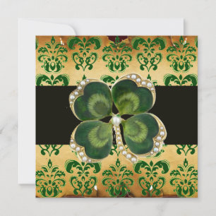 INVITACIÓN DAMASK VERDE, JEWEL DE SHAMROCK ORO CON PERLAS BLA
