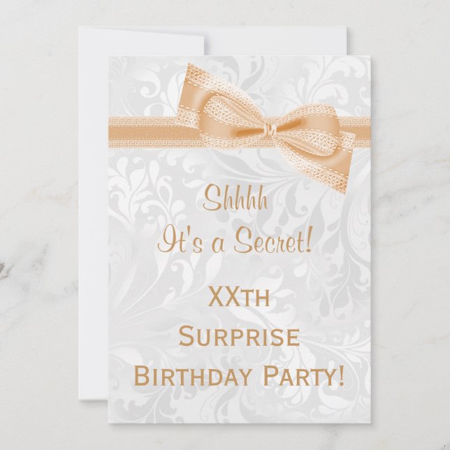 Invitación Damask y Bow Surprise Birday Party (Anverso)