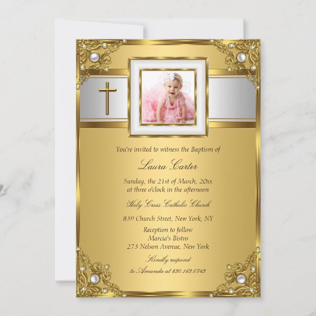 Invitación Damask y Cross Gold Photo Baptism/Christening (Anverso)