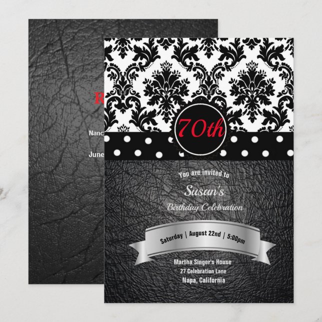 Invitación Damask y Polka Dots 70 cumpleaños (Anverso / Reverso)