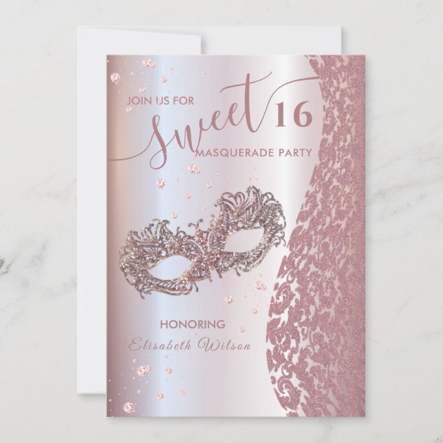 Invitación Dámpara de diamante de mascarada rosa dulce de oro (Anverso)