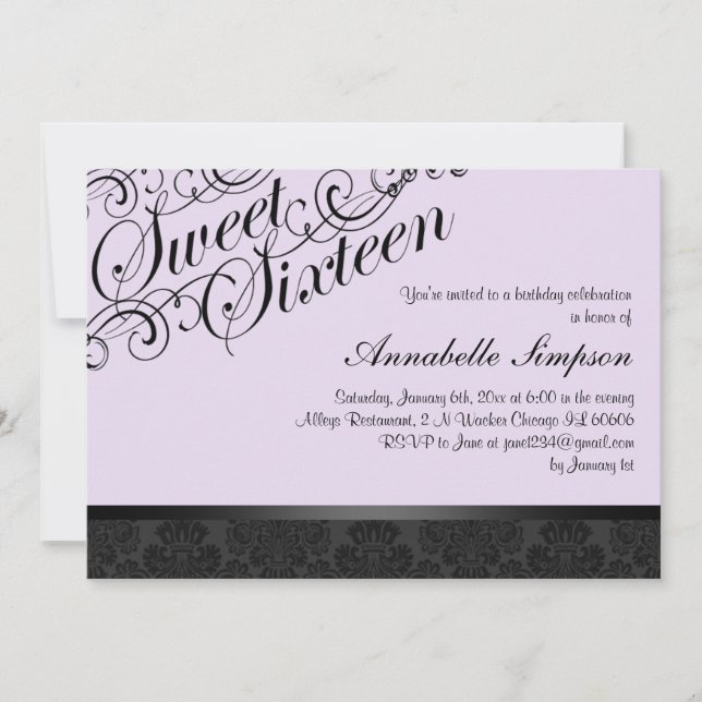 Invitación Dámpara de Moda morada y negra dulce16 Invite (Anverso)