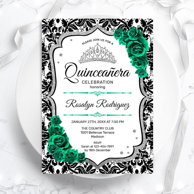 Invitación Dámpara elegante de plata verde esmeralda Quincean (Subido por el creador)