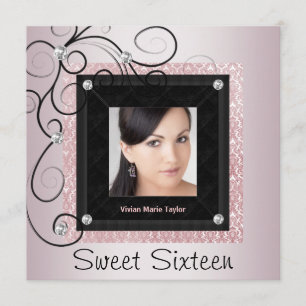 Invitación Dámpara rosa negro foto dulce 16 Fiesta