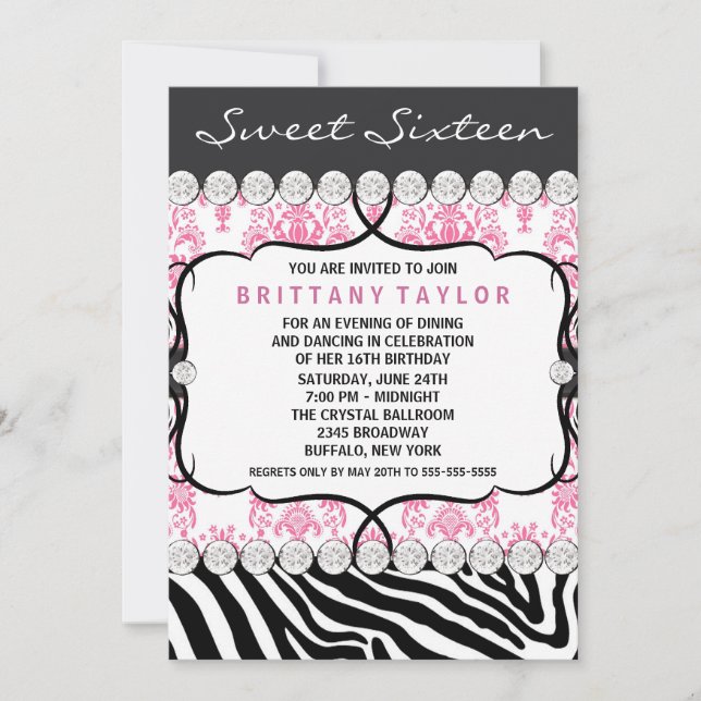 Invitación Dámpara rosa Zebra Sweet Dieciséis cumpleaños (Anverso)