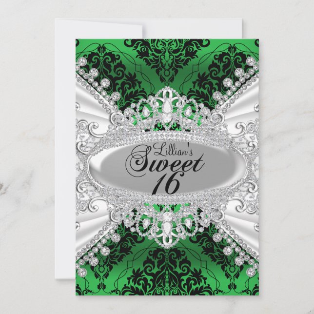 Invitación Dámpara verde y Diamante Tiara Sweet 16 Invite (Anverso)