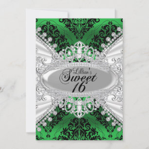 Invitación Dámpara verde y Diamante Tiara Sweet 16 Invite