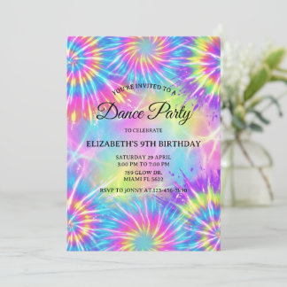 Invitación Dance Birthday Party Tie Dye Glow Dance Disco