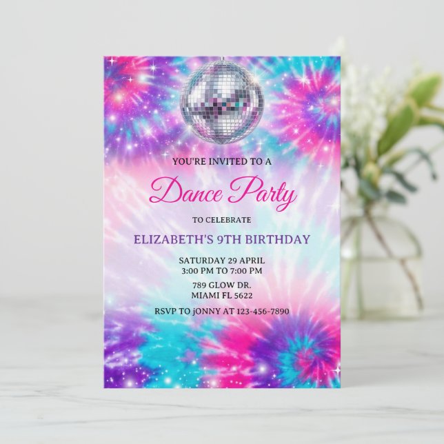 Invitación Dance Birthday Party Tie Dye Glow Dance Disco (Anverso de pie)