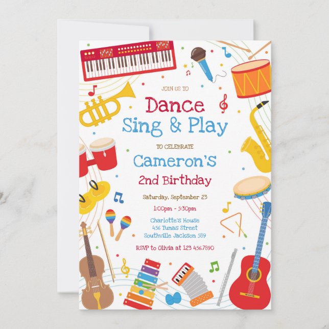 Invitación Dance Sing Play Musical Instrument Birthday Party  (Anverso)