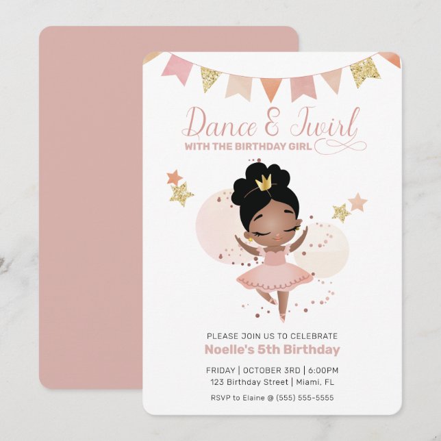 Invitación Dance & Twirl, cumpleaños de la princesa Ballerina (Anverso / Reverso)