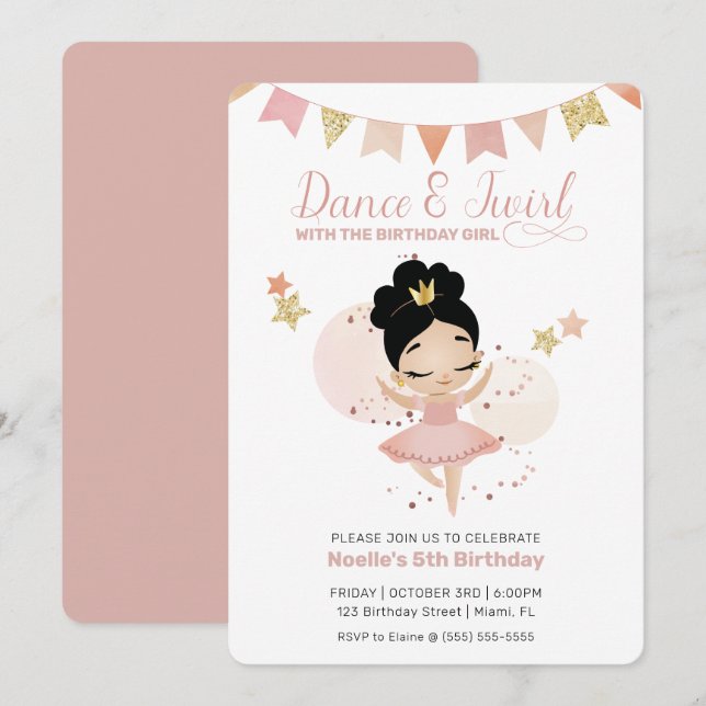 Invitación Dance & Twirl, cumpleaños de la princesa Ballerina (Anverso / Reverso)
