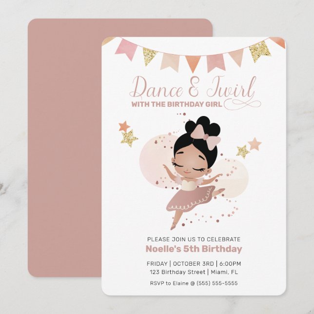 Invitación Dance & Twirl, cumpleaños de la princesa Ballerina (Anverso / Reverso)