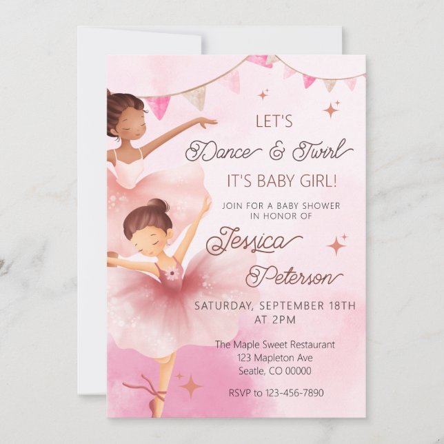 Invitación Dance & Twirl Pink Ballerina Ballet Baby Shower  (Anverso)
