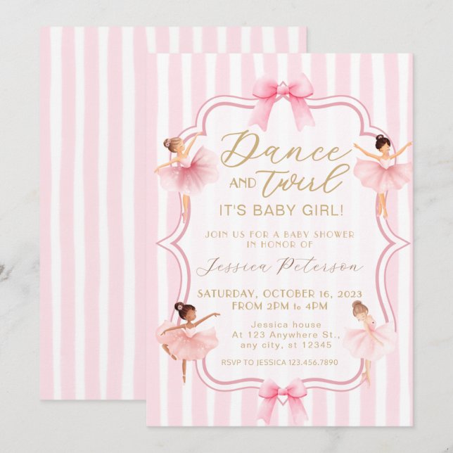 Invitación Dance & Twirl Pink Ballerina Ballet Baby Shower (Anverso / Reverso)