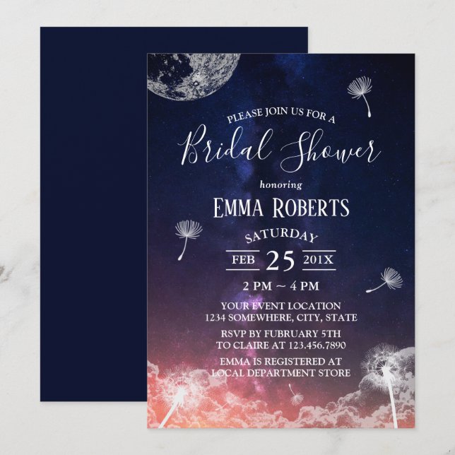 Invitación Dandelion Blowon Moon & Stars Bridal Shower (Anverso / Reverso)
