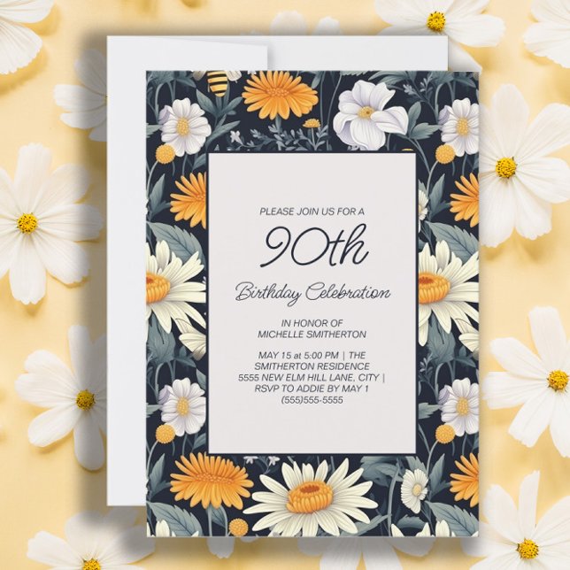 Invitación Dandeliones Margaritas Azul Marino Cumpleaños Adul (Dandelions and daisies women's 90th birthday party invitation)