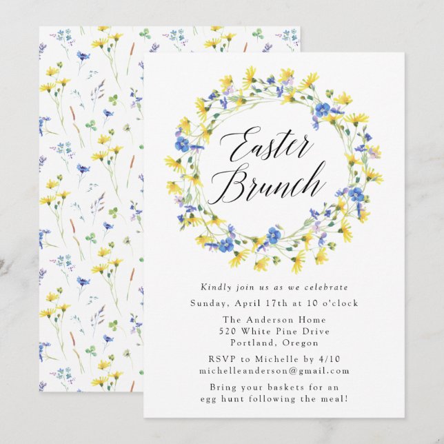 Invitación Dandelions amarillos y brunch floral azul de Pascu (Anverso / Reverso)