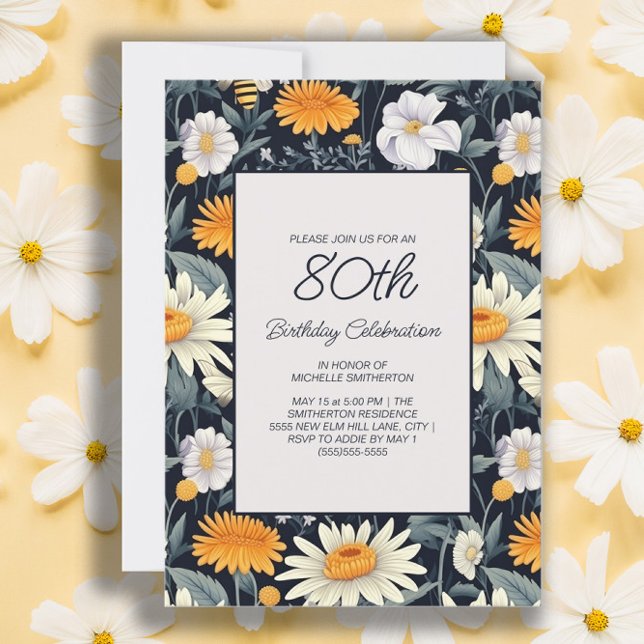 Invitación Dandelions Daisies Navy Blue Adult 80 cumpleaños (Dandelions and daisies 80th birthday party invitation for women)