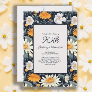 Invitación Dandelions Daisies Navy Blue Adult 90 cumpleaños