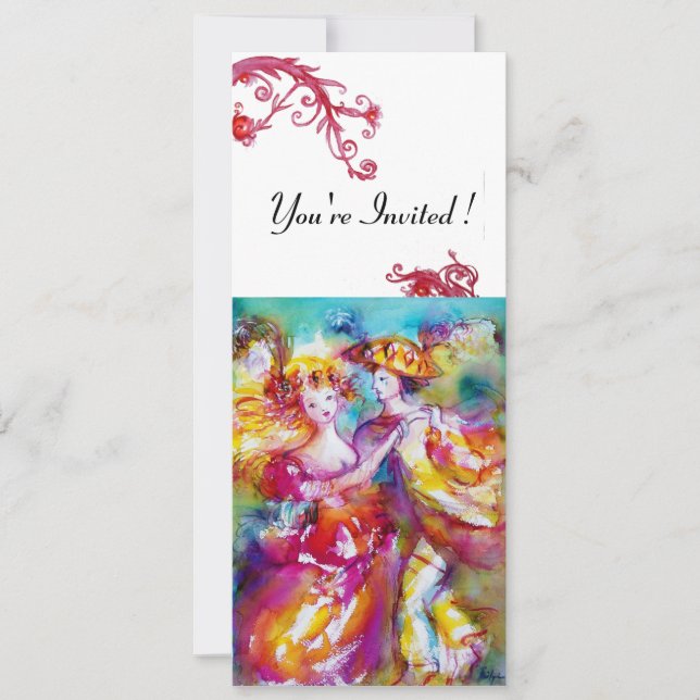 Invitación DANZA CARNAVAL vibrante azul rojo floreciente blan (Anverso)